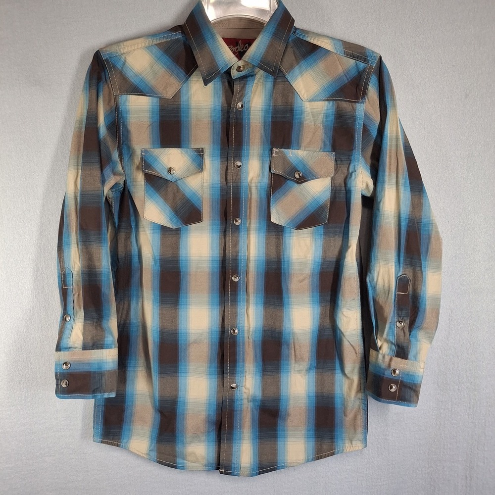 Rodeo Clothing Co. Boy's Large Shirt Pearl Snap‎ Button Flip Cuff Blue Plaid